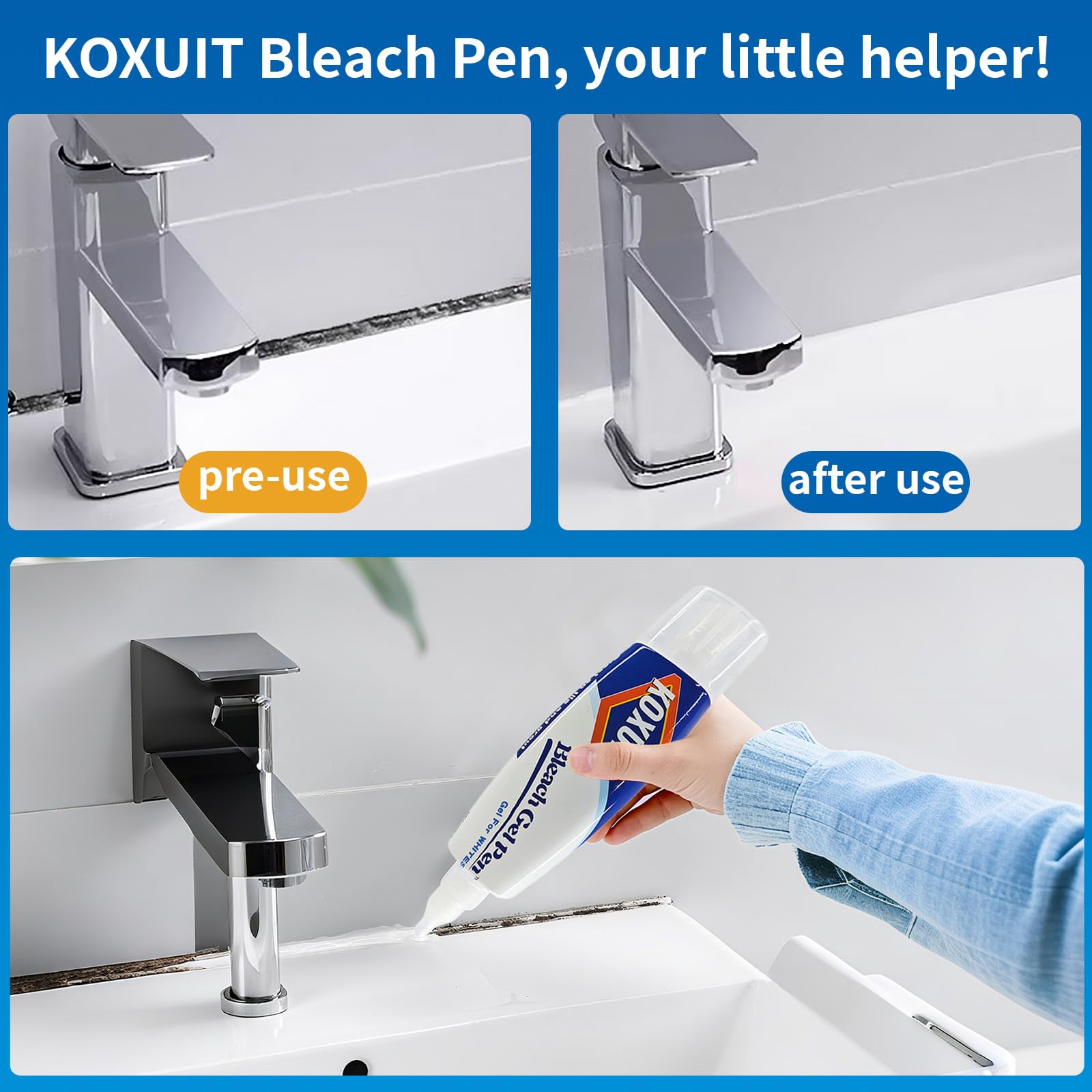 KOXUIT Portable Dual-Tip Bleach Pen for White Clothes & Grout - Travel-Ready 2-in-1 Gel Applicator with Brush Head, Non-Drip Cleaner for Bathroom