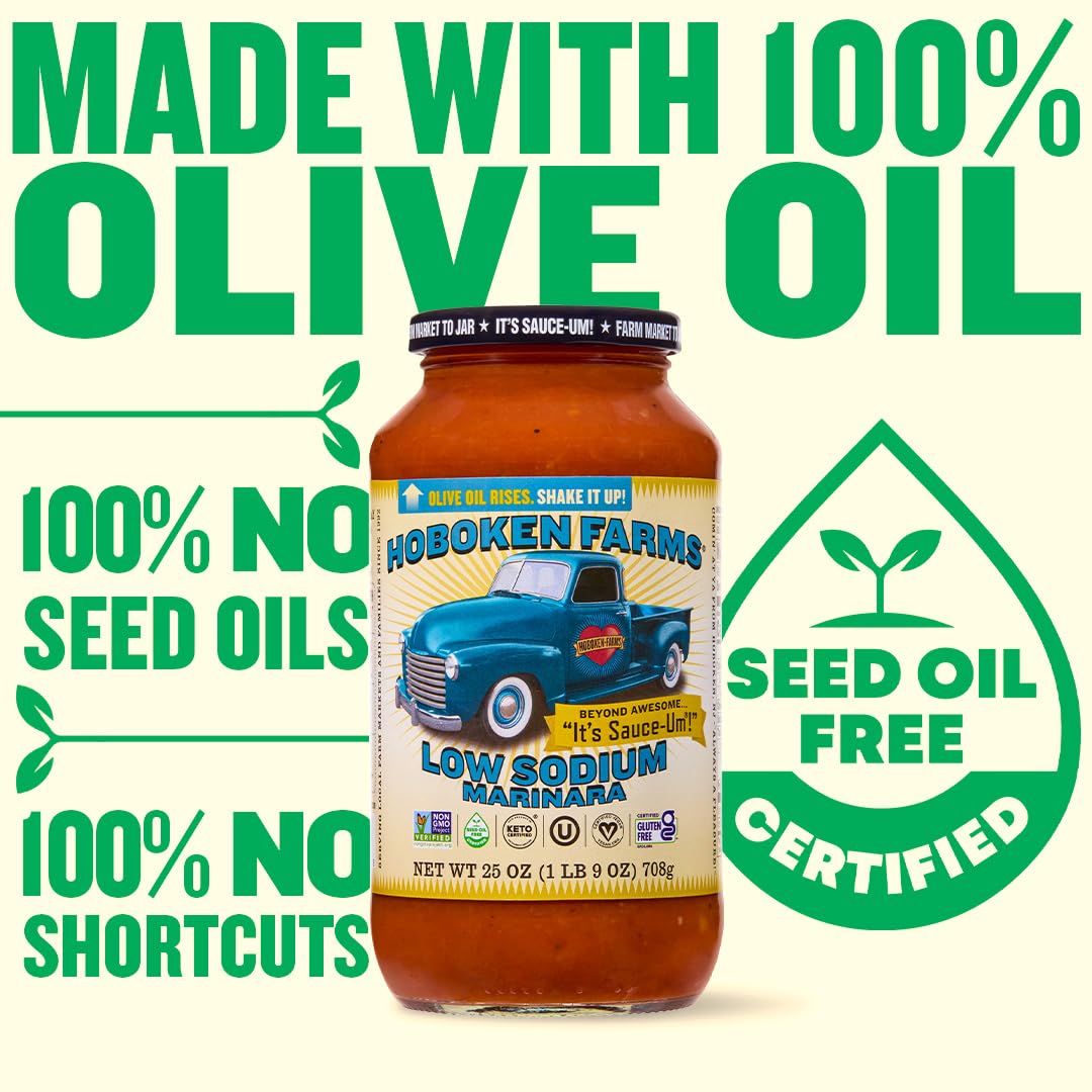 Hoboken Farms Low Sodium Marinara Sauce - Keto Certified, Low Sodium, No Sugar Added, Non GMO Project Verified, Plant Based, and Paleo Friendly (25 Fl
