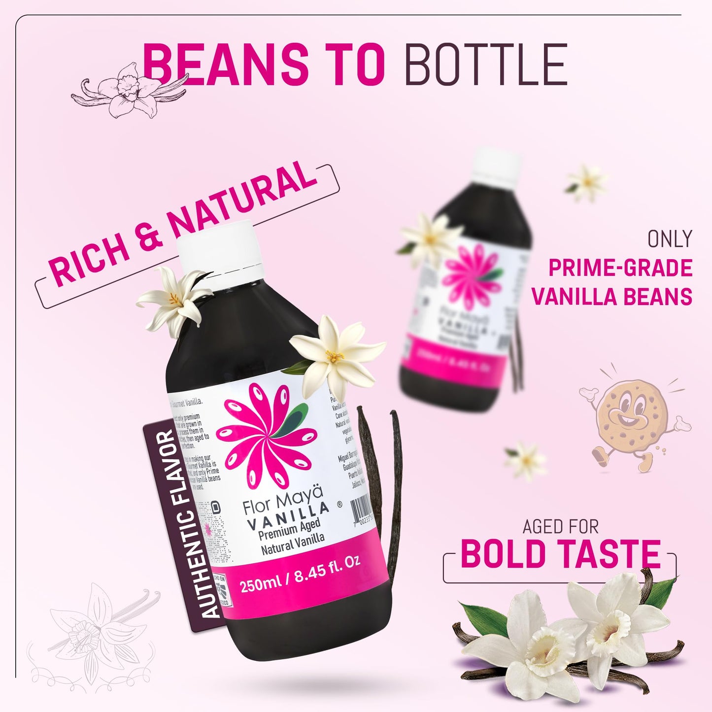 Flor Maya Vanilla Extract - Premium Aged Blend Made with Mexican Vanilla Beans | Gourmet Vanilla Bean Extract for Baking, Cooking & Desserts | Gluten