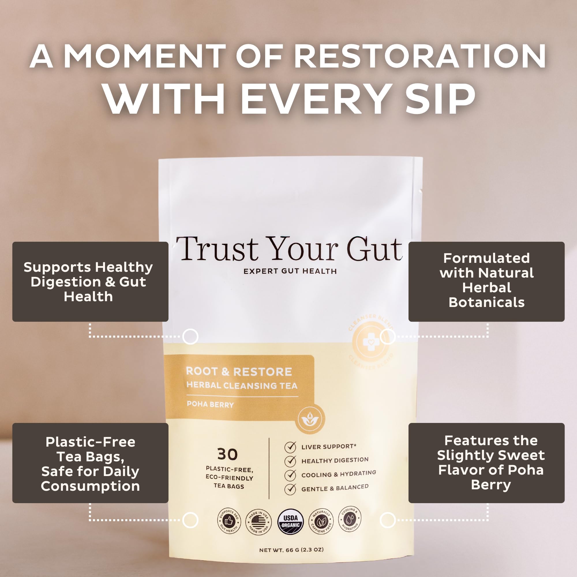 Trust Your Gut Organic Root & Restore Herbal Caffeine-Free Tea, Liver Cleansing Tea Blend with Burdock Root, Chamomile, Dandelion, Licorice for Gut