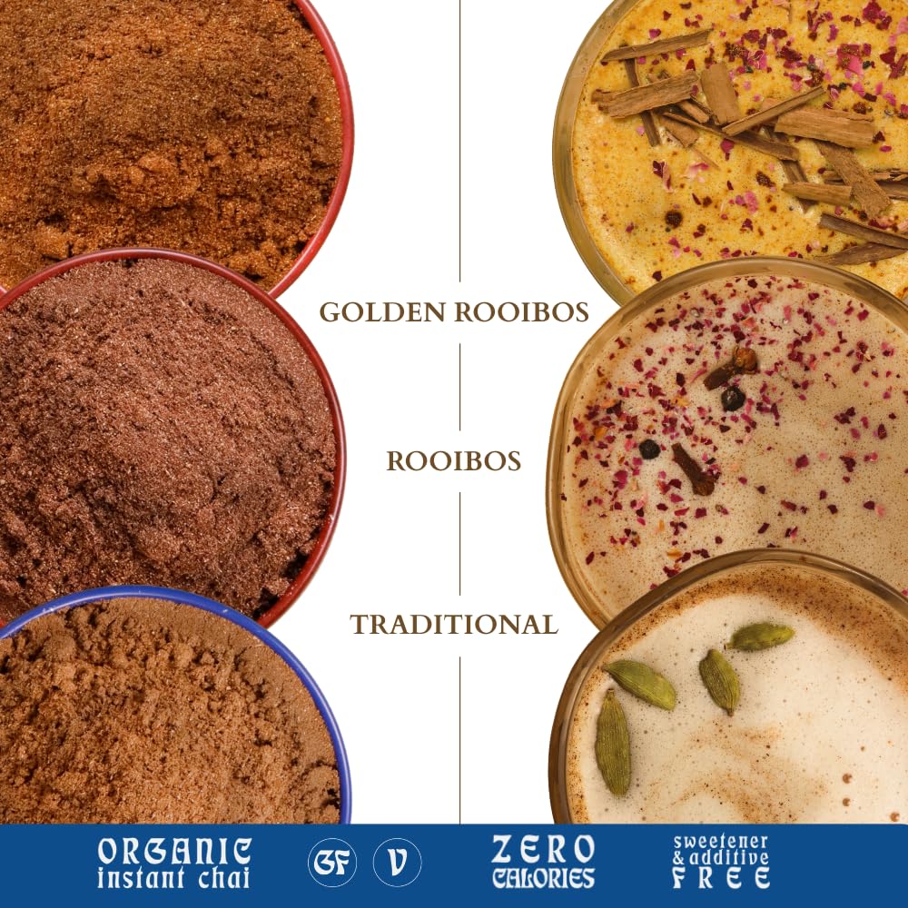 Blue Lotus Chai Tea - Harmony Collection Variety Box - Makes 50 Cups - Traditional, Rooibos & Golden Rooibos Masala Spiced Chai Powder - Instant