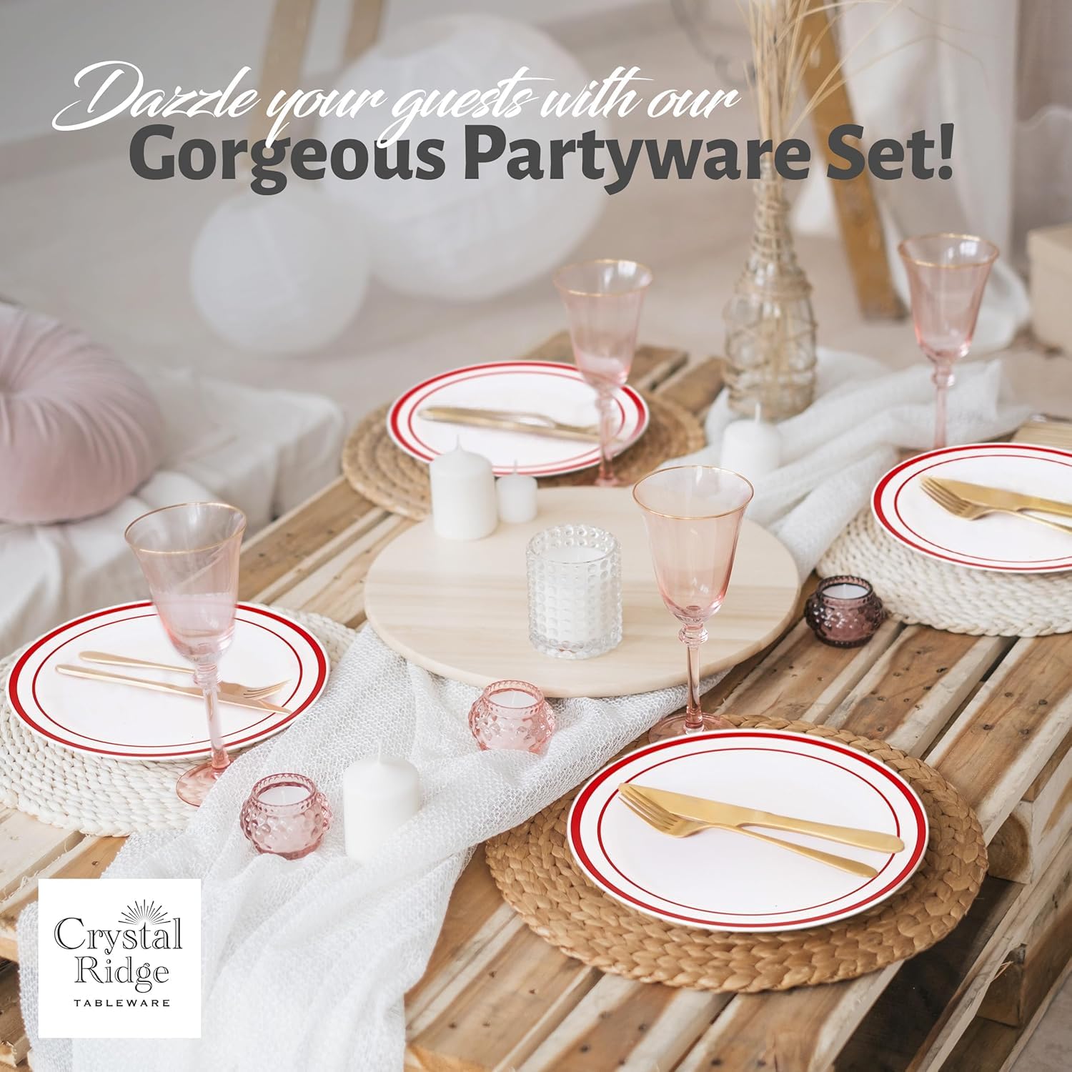 Crystal Ridge Tableware 120-Piece Premium Salad Plates Set - Disposable White Plastic With Red Rim for Party and Wedding