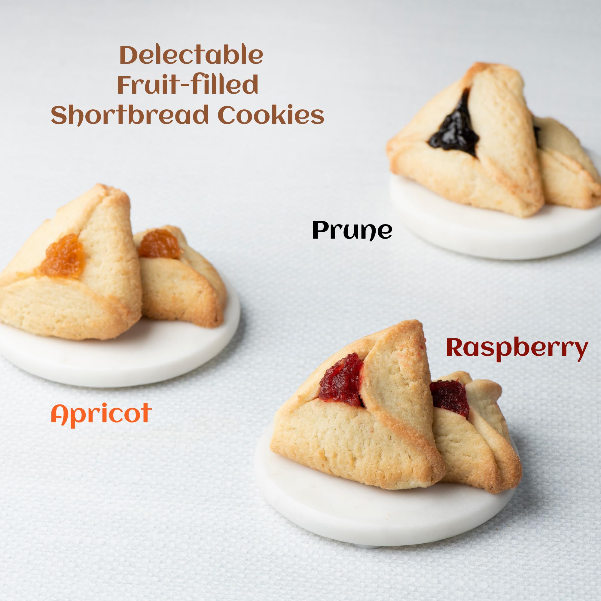 Hametaschen Cookies | Shortbread Cookies Filled with Apricot, Prune & Raspberry Jam | Purim Gifts | Mishloach Manot | Kosher, Dairy Free & Nut Free |