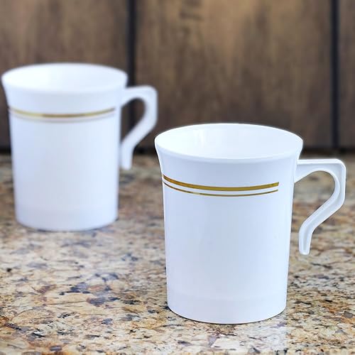 TABLECLOTHSFACTORY 40 Pcs - White with Gold 8oz Disposable Plastic Coffee Cups - Tres Chic Collection