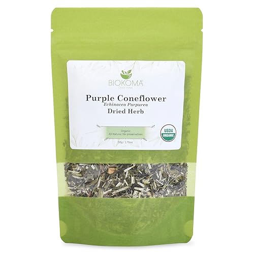 Biokoma Organic Purple Coneflower Dried Herb 50g (1.76oz) in Resealable Moisture Proof Pouch, USDA Certified Organic - Herbal Tea, No Additives, No