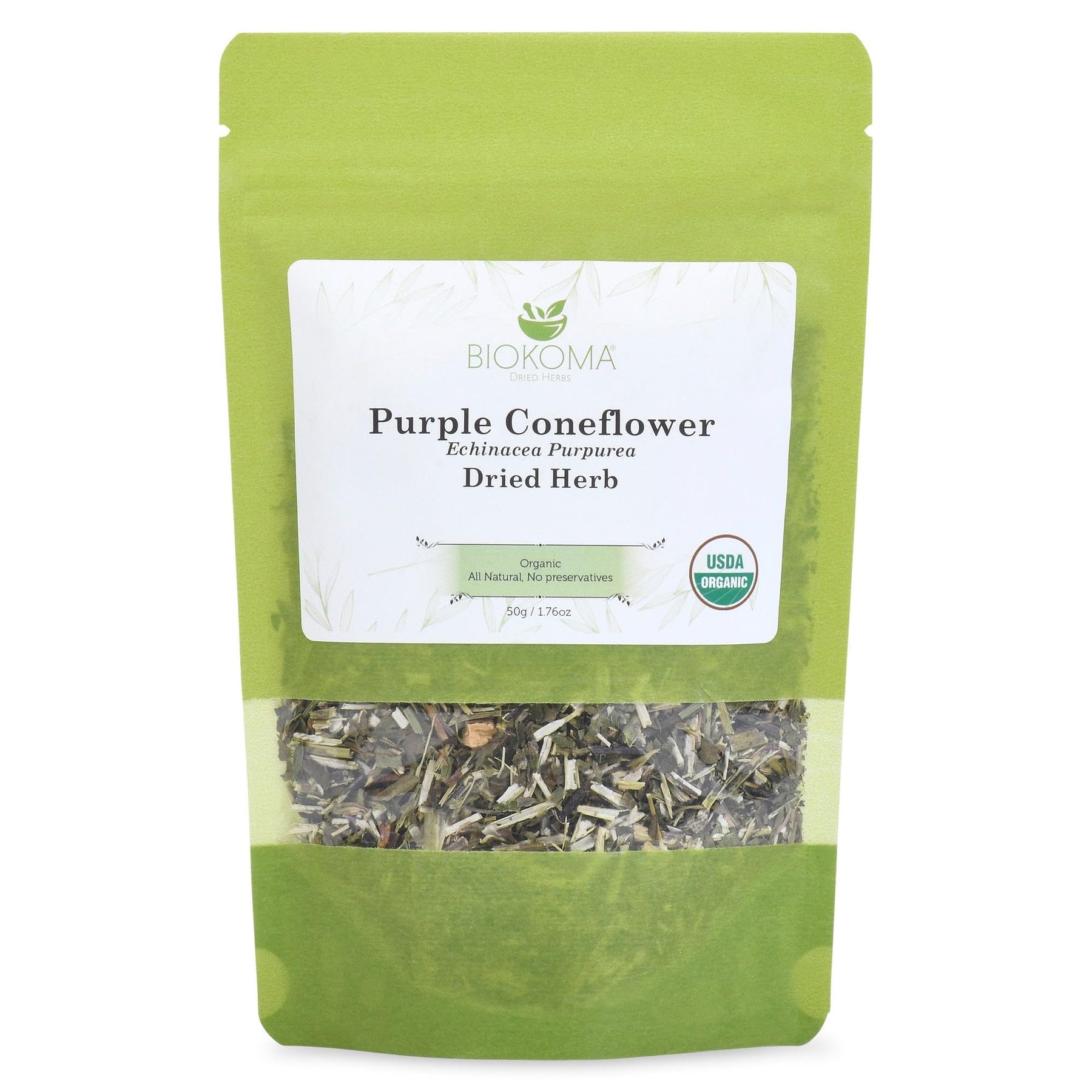 Biokoma Organic Purple Coneflower Dried Herb 50g (1.76oz) in Resealable Moisture Proof Pouch, USDA Certified Organic - Herbal Tea, No Additives, No