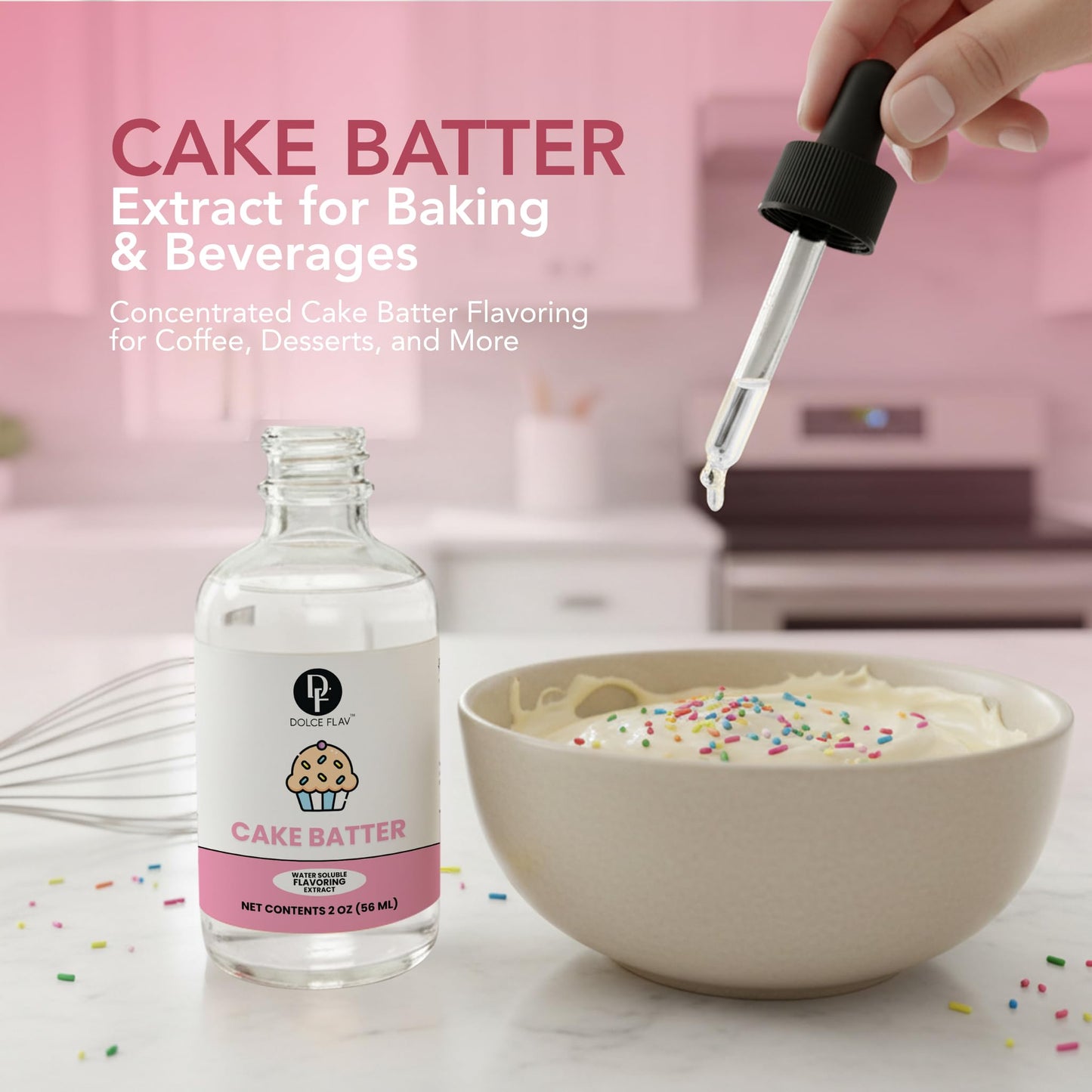 Dolce Flav Natural Cake Batter Extract - 2 Ounce Water-Soluble Kosher, Sugar-Free, Concentrated Birthday Cake Flavor for Frosting, Cupcakes & Ice