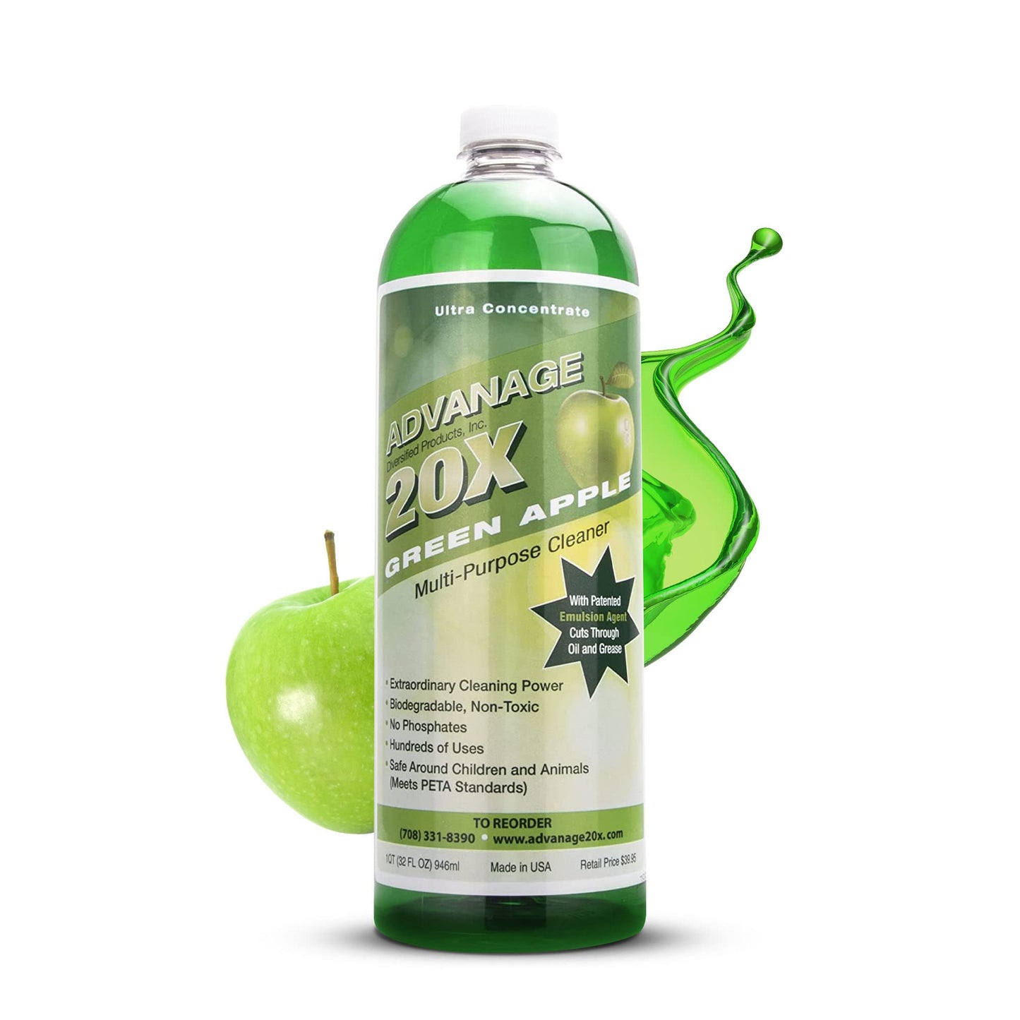 Advanage 20X All Purpose Cleaner Concentrate - Green Apple Eco-Friendly Heavy Duty Degreaser, Multisurface Cleaner for Bathroom, Kitchen, Floors