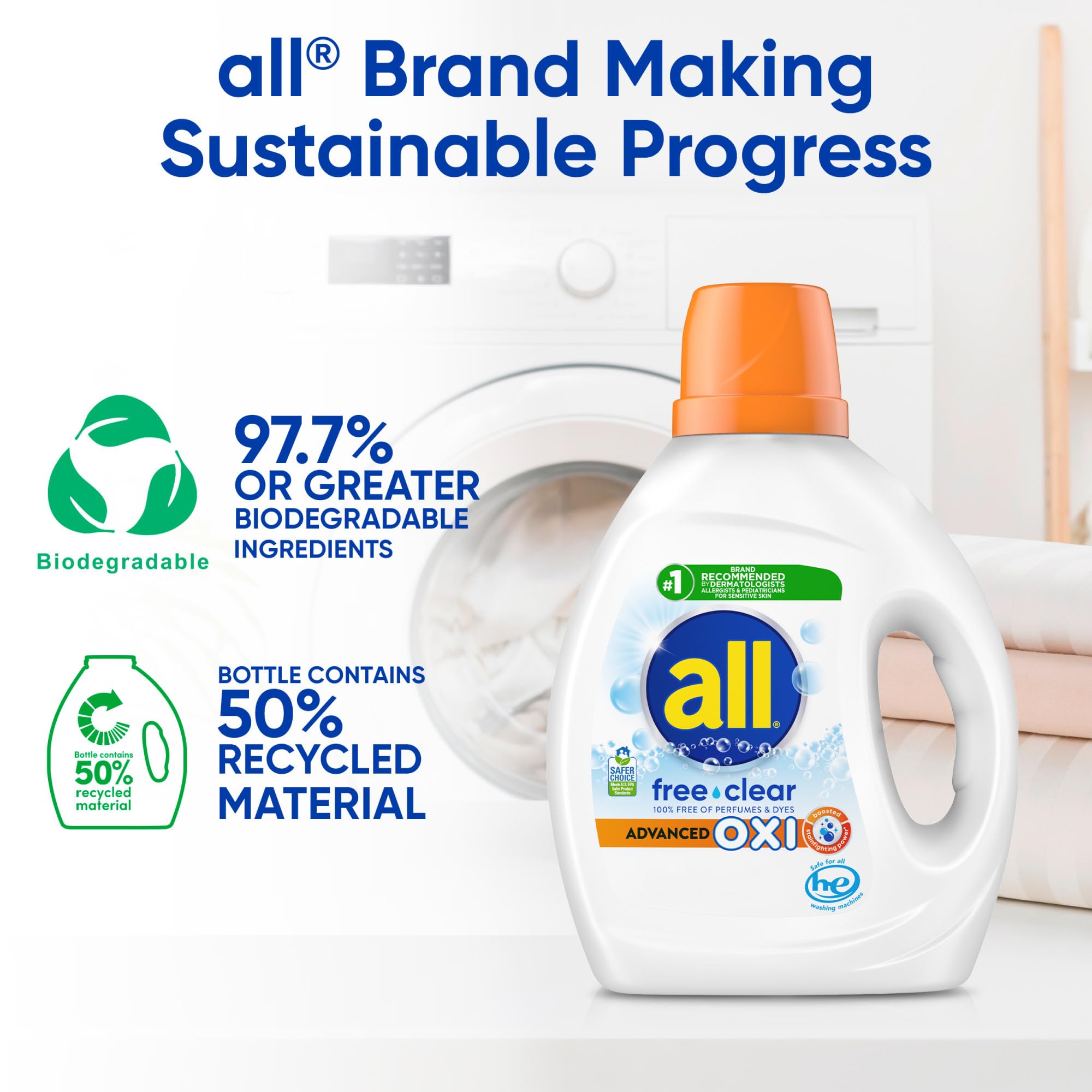 All, Liquid Laundry Detergent, Free Clear, Oxi, 49 Loads, 73 Ounce
