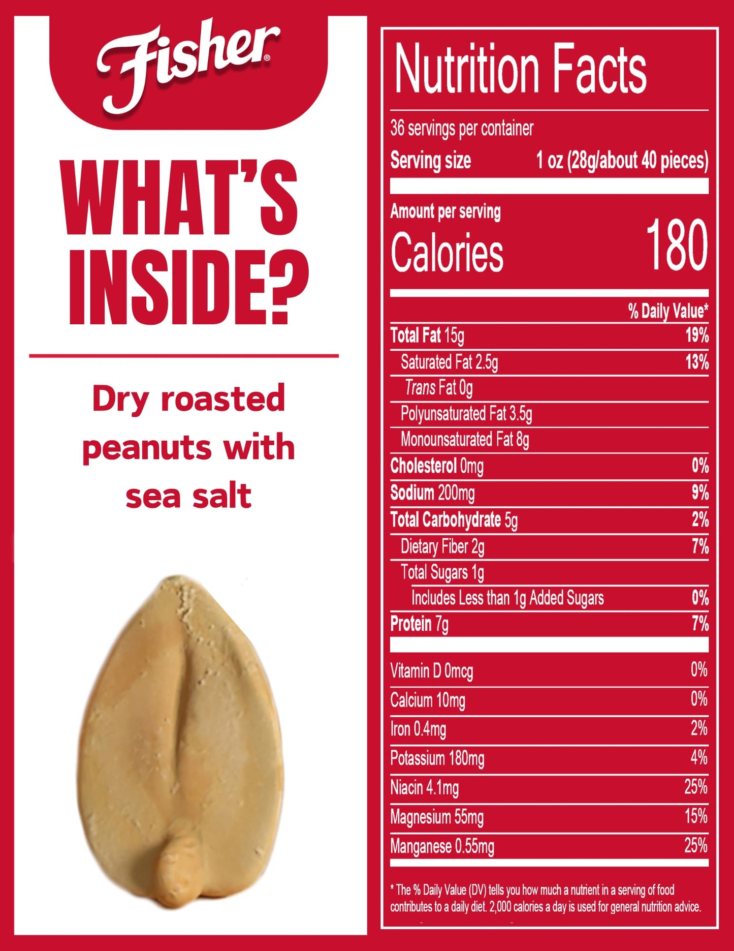 Fisher Snack Sea Salt Dry Roasted Peanuts, 36 Ounces, No Artificial Colors or Flavors