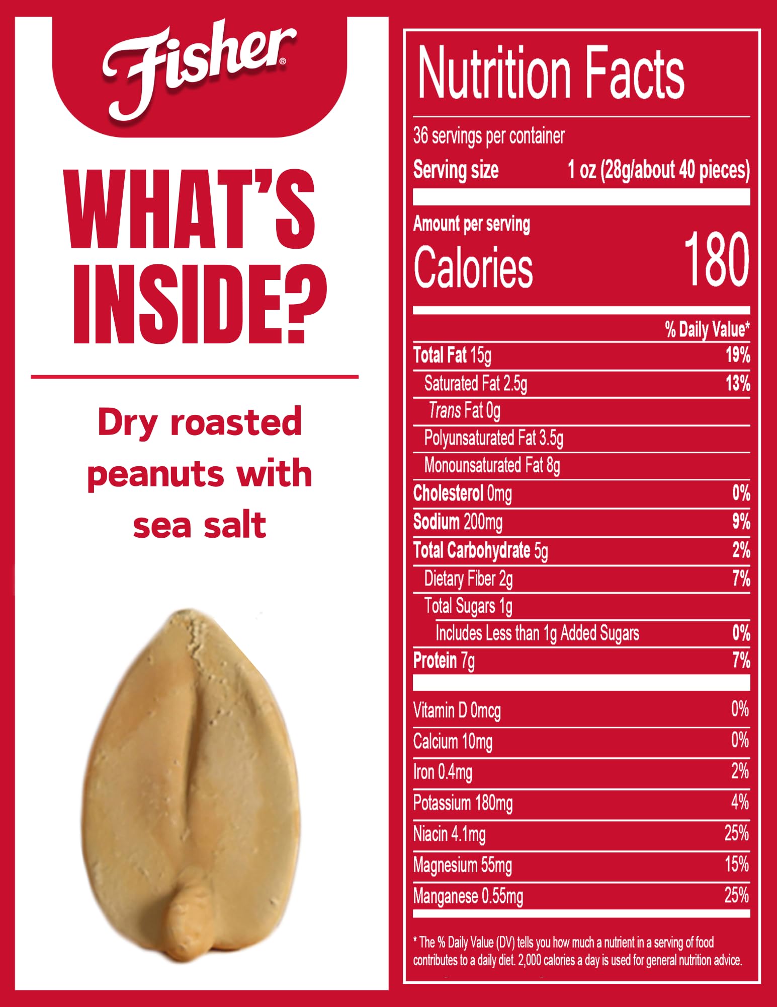 Fisher Snack Sea Salt Dry Roasted Peanuts, 36 Ounces, No Artificial Colors or Flavors