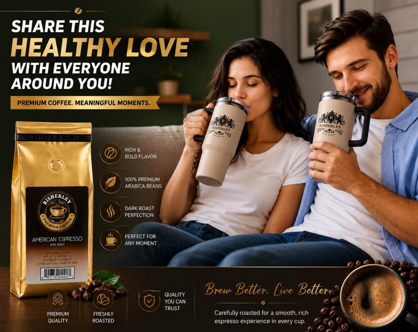 Risherley Premium Ground Coffee - Gourmet Arabica Blend, Fresh Roasted, Smooth Rich Flavor,Dark Roast, Low Acidity, Perfect for Drip, French Press