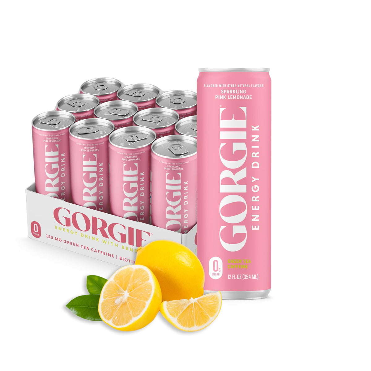 GORGIE Pink Lemonade Sugar Free Energy Drink, Green Tea, 12 Pack
