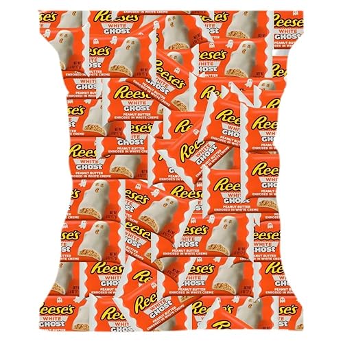 Reses White Cream Peanut Butter Ghosts Halloween Candy Bag - Individually Wrapped 1LB (25 Counts) - Ghost Shaped Milk Chocolate Candy Bulk, Snack Size