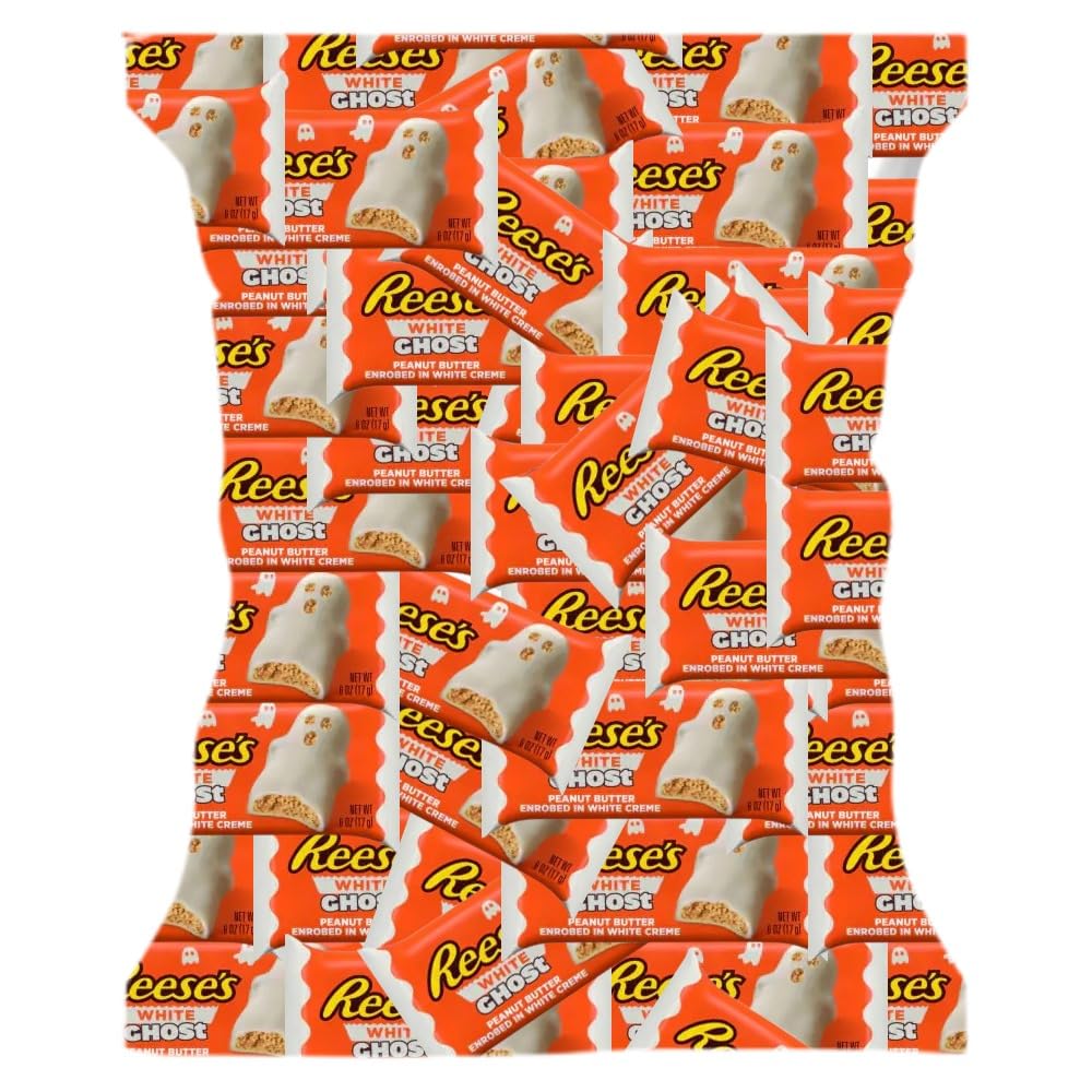 Reses White Cream Peanut Butter Ghosts Halloween Candy Bag - Individually Wrapped 1LB (25 Counts) - Ghost Shaped Milk Chocolate Candy Bulk, Snack Size