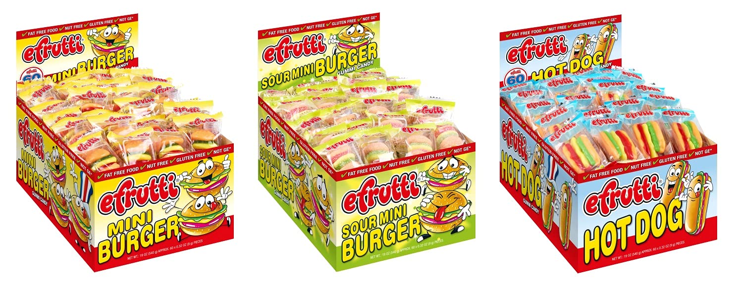 eFrutti Gummi Candy Variety, Mini Burgers, Sour Mini Burgers, and Mini Hot Dogs, .32 Ounce (Pack of 180) - with MYD Bag Clip