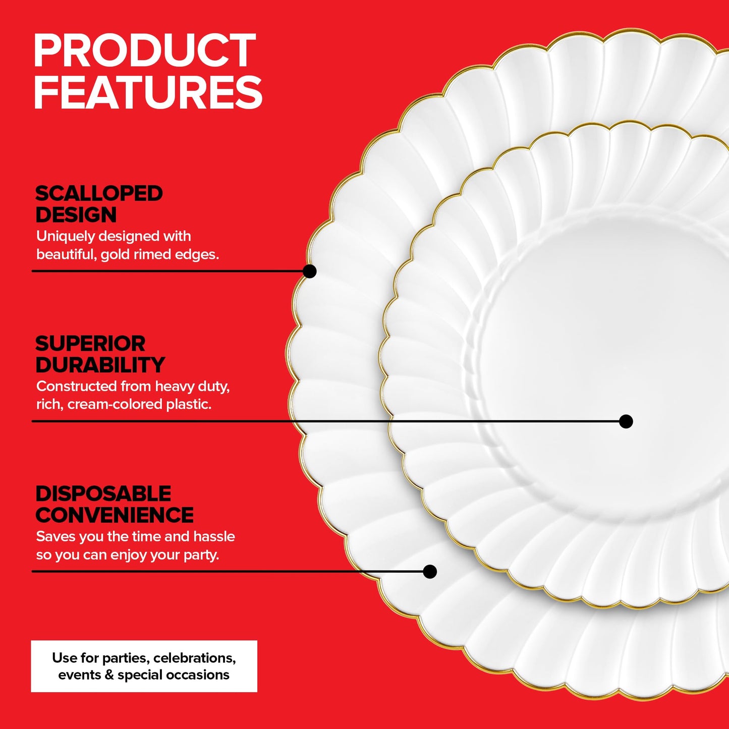 Stock Your Home 60 Pack - Elegant Ivory & Gold Scalloped Plastic Plates - Heavy-Duty Disposable Cream Plates with Gold Rim for Thanksgiving, Holidays