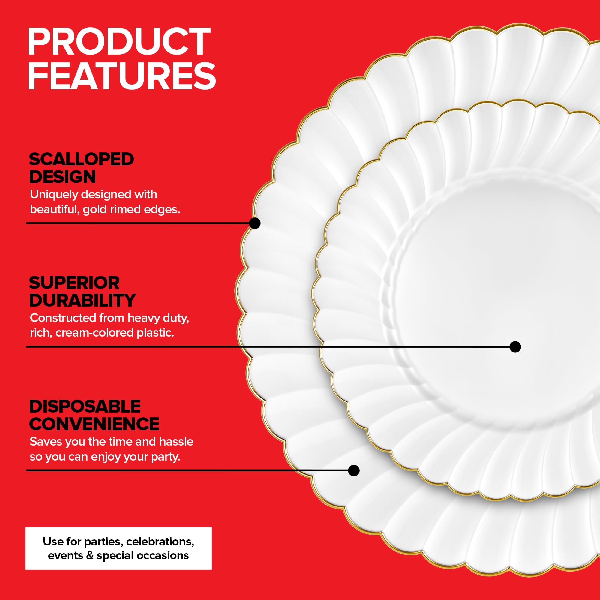 Stock Your Home 60 Pack - Elegant Ivory & Gold Scalloped Plastic Plates - Heavy-Duty Disposable Cream Plates with Gold Rim for Thanksgiving, Holidays