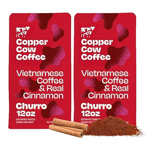 Copper Cow Premium Vietnamese Ground Coffee, 24 OZ | Churro Flavored Coffee | Dark Roast Made with Real Cinnamon | 100% Vietnamese Coffee, Smooth