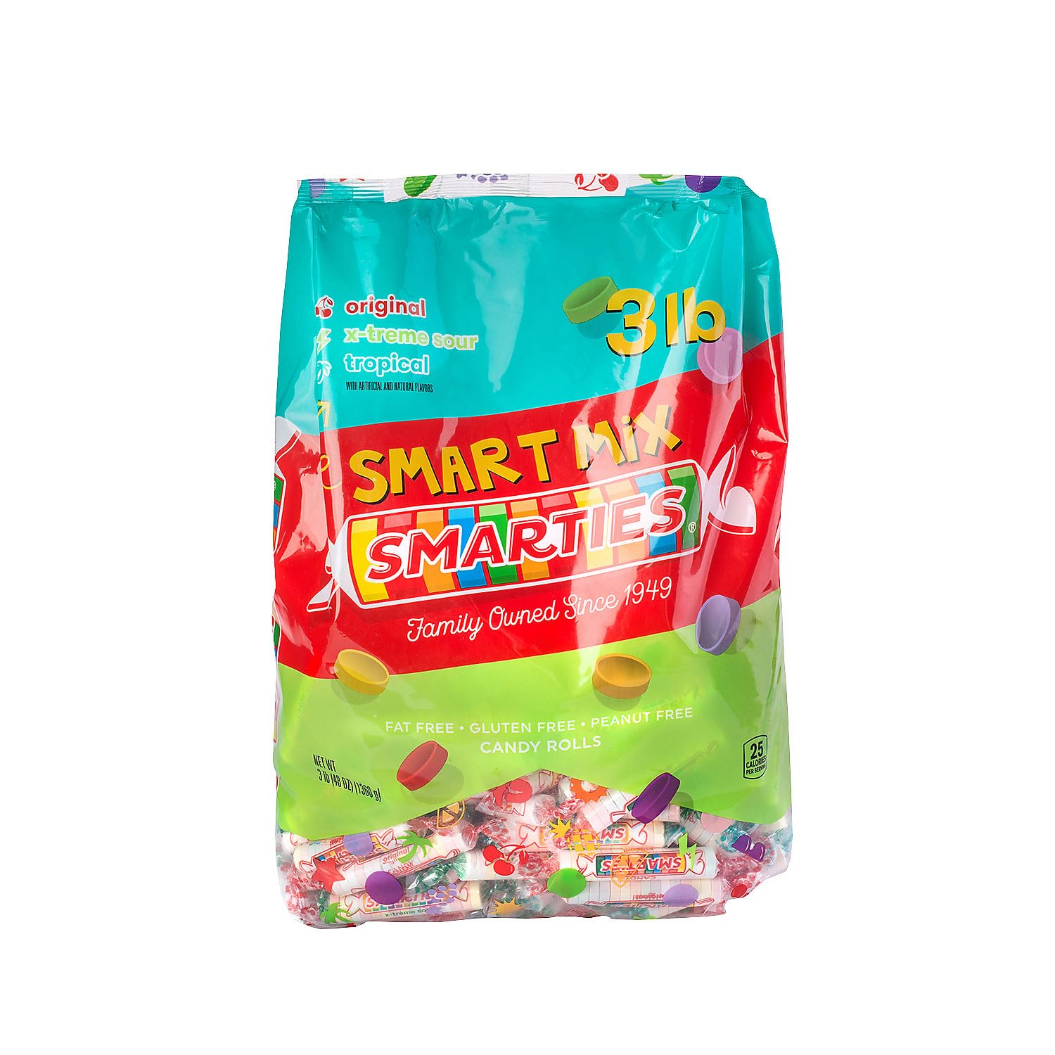 3 lbs. Bulk 180 piece Smarties Candy Rolls Original, Sour & Tropical Smart Mix Bag