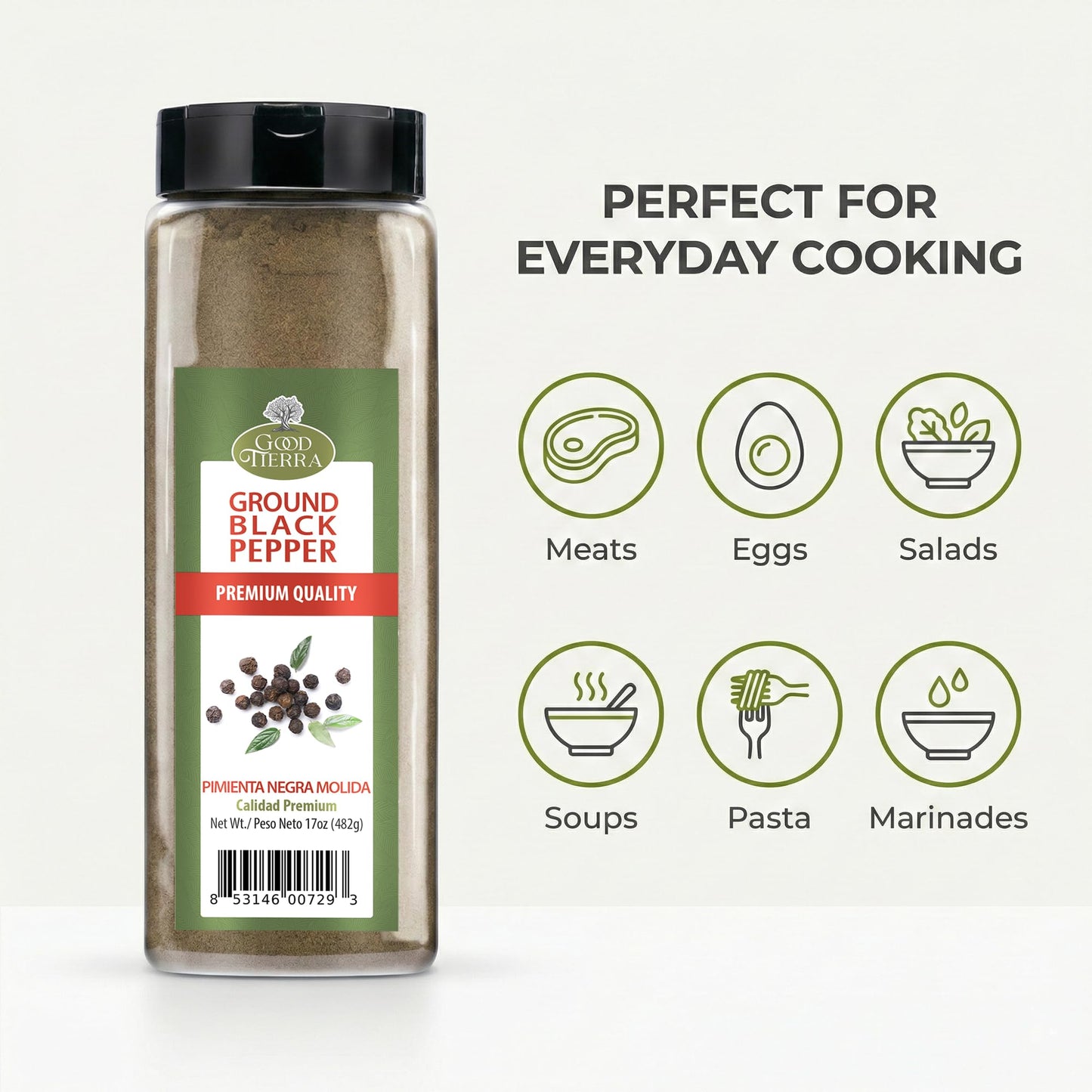 Good Tierra Black Pepper Ground 17 oz - Fine Ground Black Pepper Powder, Gluten Free Bulk Spice for Cooking, BBQ Seasoning, Italian Seasoning & Pantry