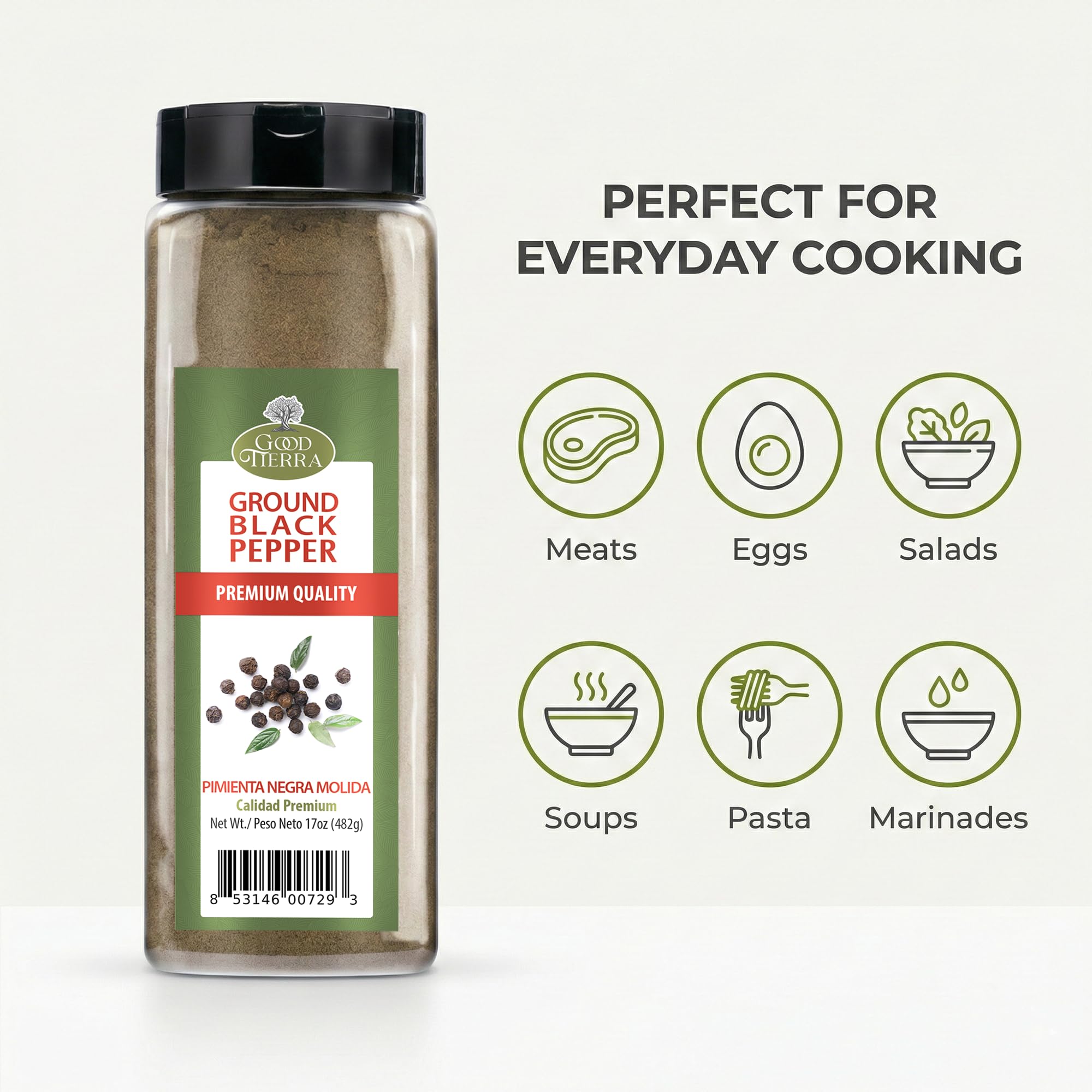Good Tierra Black Pepper Ground 17 oz - Fine Ground Black Pepper Powder, Gluten Free Bulk Spice for Cooking, BBQ Seasoning, Italian Seasoning & Pantry