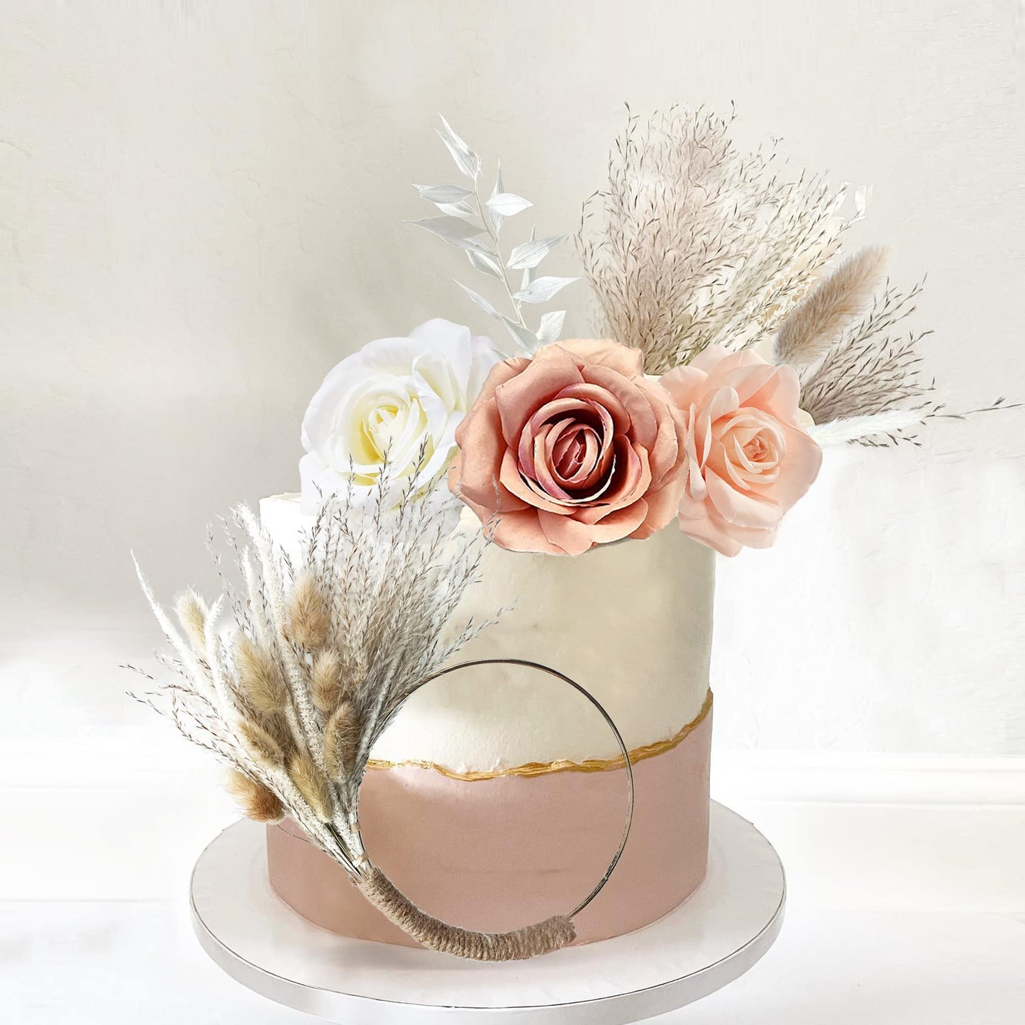 Boho Cake Decorations Flower Cake Toppers Pampas Grass Cake Topper for Wedding Bridal Baby Shower Birthday Party Supplies (Apricot Pink White)