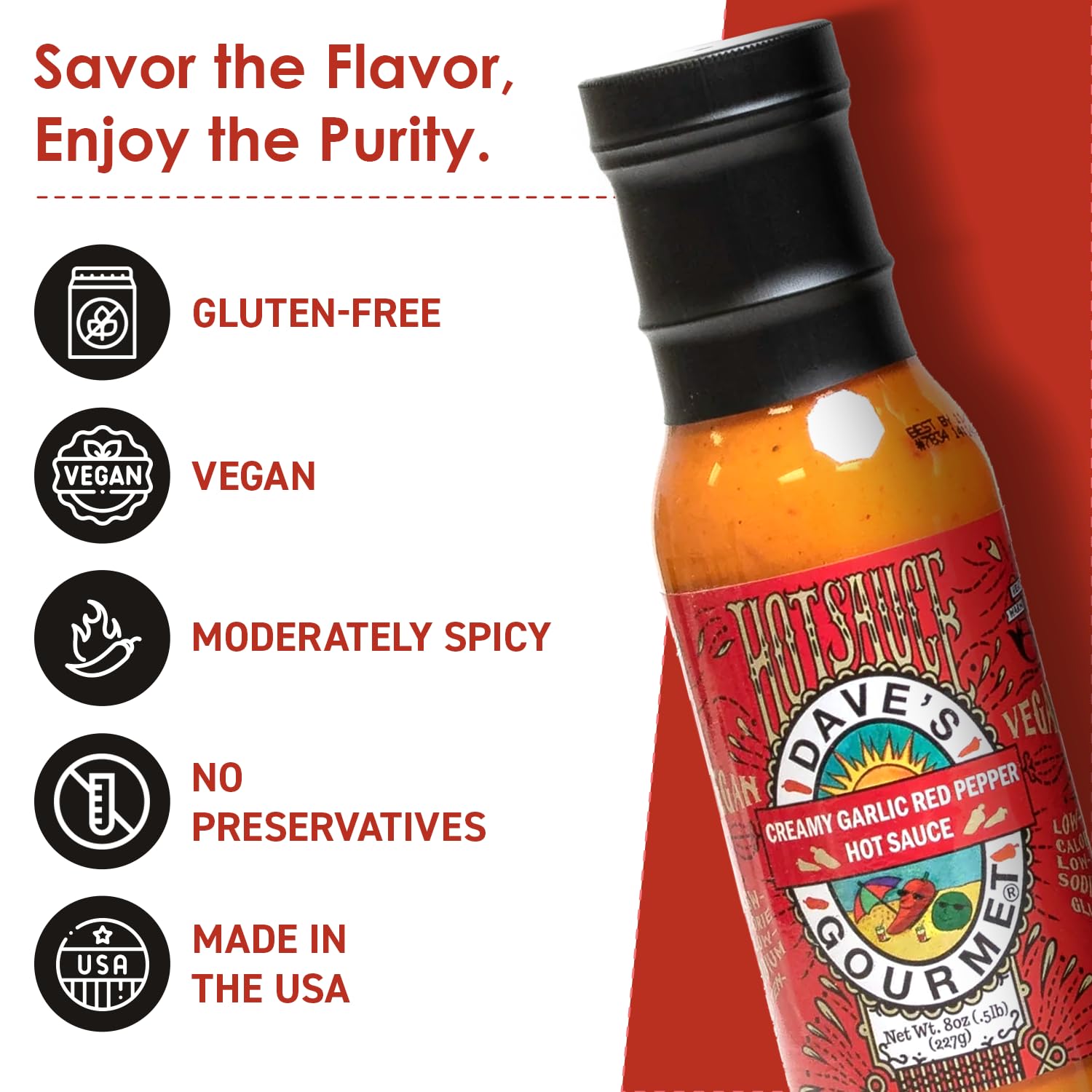 Dave's Gourmet Creamy Garlic Red Pepper Hot Sauce - Medium Heat - Perfect for Salads, Dipping, Tacos, Sandwiches & More - Vegan Sauce, Gluten-Free, No