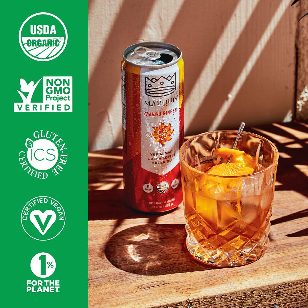 Organic Green Tea + Yerba Mate Drink by Marquis |Antioxidant Infused Sparkling Beverage | Zero Sugars, Zero Calories | Mango Ginger Flavor Super Tea |