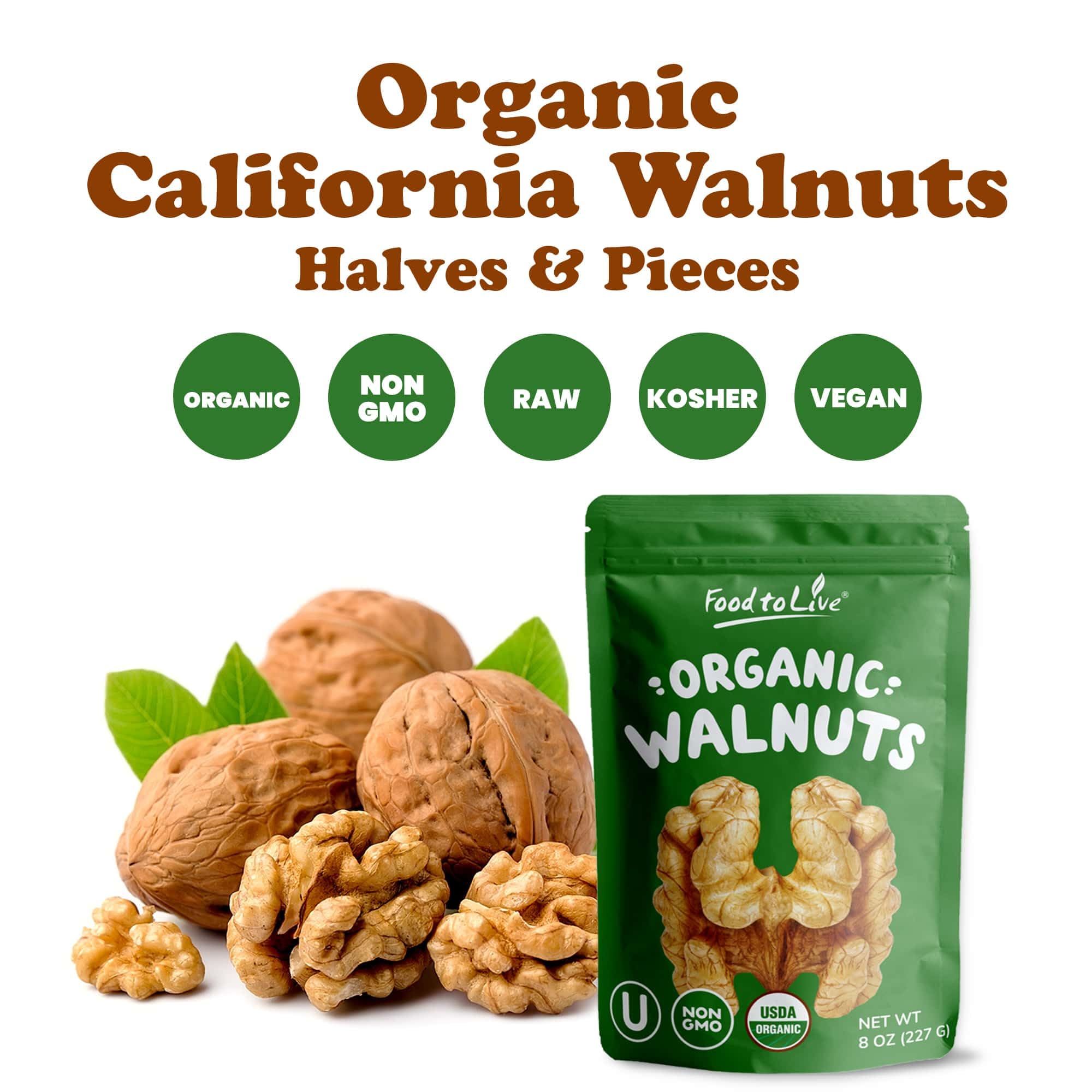 Organic California Walnuts Halves & Pieces, 5 Pounds - Non-GMO, Raw, Unsalted, Shelled, Vegan, Kosher, Sirtfood, Bulk Snack. High in Omega-3 Fatty