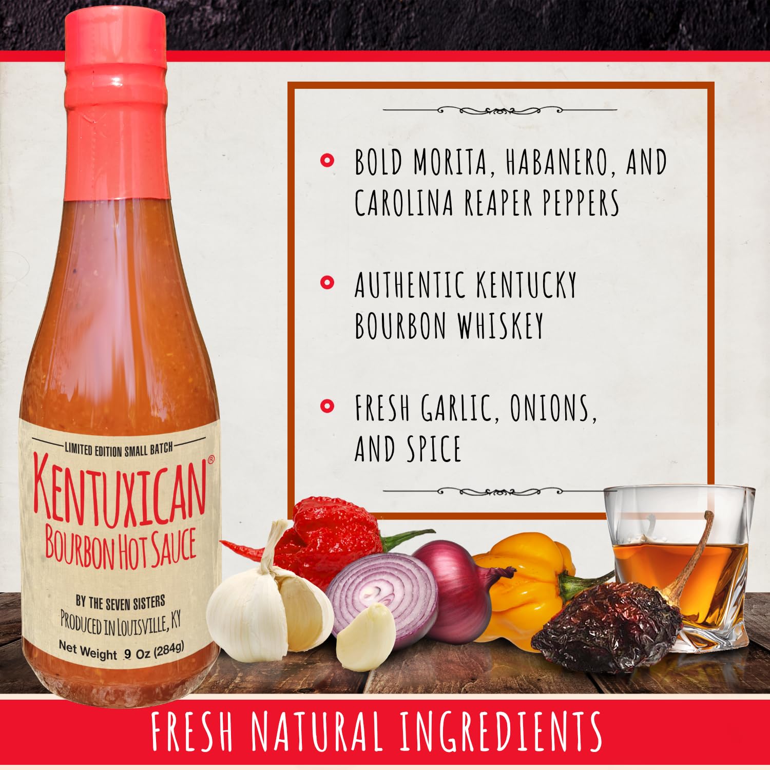 Kentuxican Bourbon Hot Sauce - Premium Mexican Hot Sauce Made with Authentic Kentucky Bourbon, Habanero, Carolina Reaper, Chile de Arbol - Natural