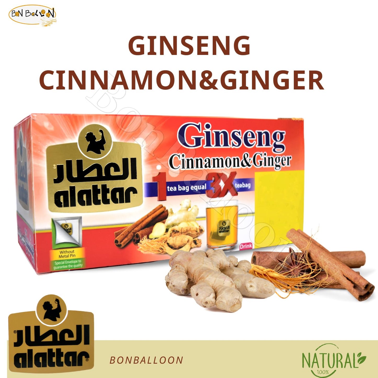 AlAttar Natural Drink Ginseng Cinnamon & Ginger Herbal Tea Bags Herb Herbs Non Gmo No Additives No Artificial Coloring Kosher Halal (20 Bag) ??????