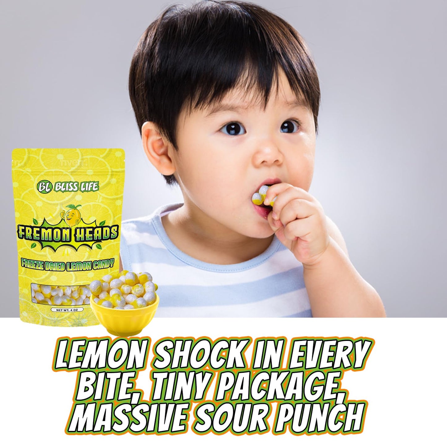 Fremon Heads Freeze Dried Lemon Fruit Candy from TikTok, ASMR Crunchy Candy, Sweet and Sour Kids Snacks, Unique Novelty Snack for Kids 4OZ