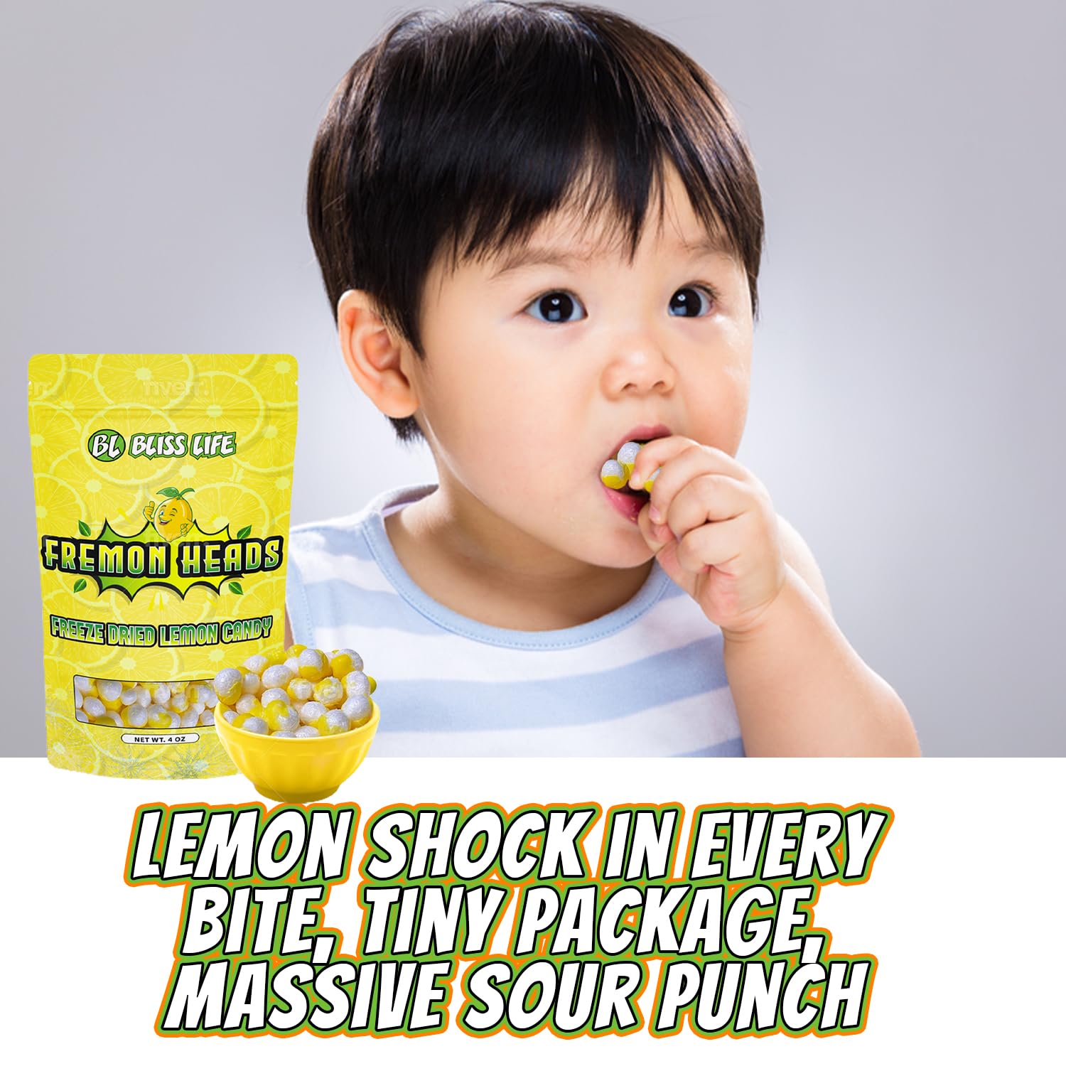 Fremon Heads Freeze Dried Lemon Fruit Candy from TikTok, ASMR Crunchy Candy, Sweet and Sour Kids Snacks, Unique Novelty Snack for Kids 4OZ