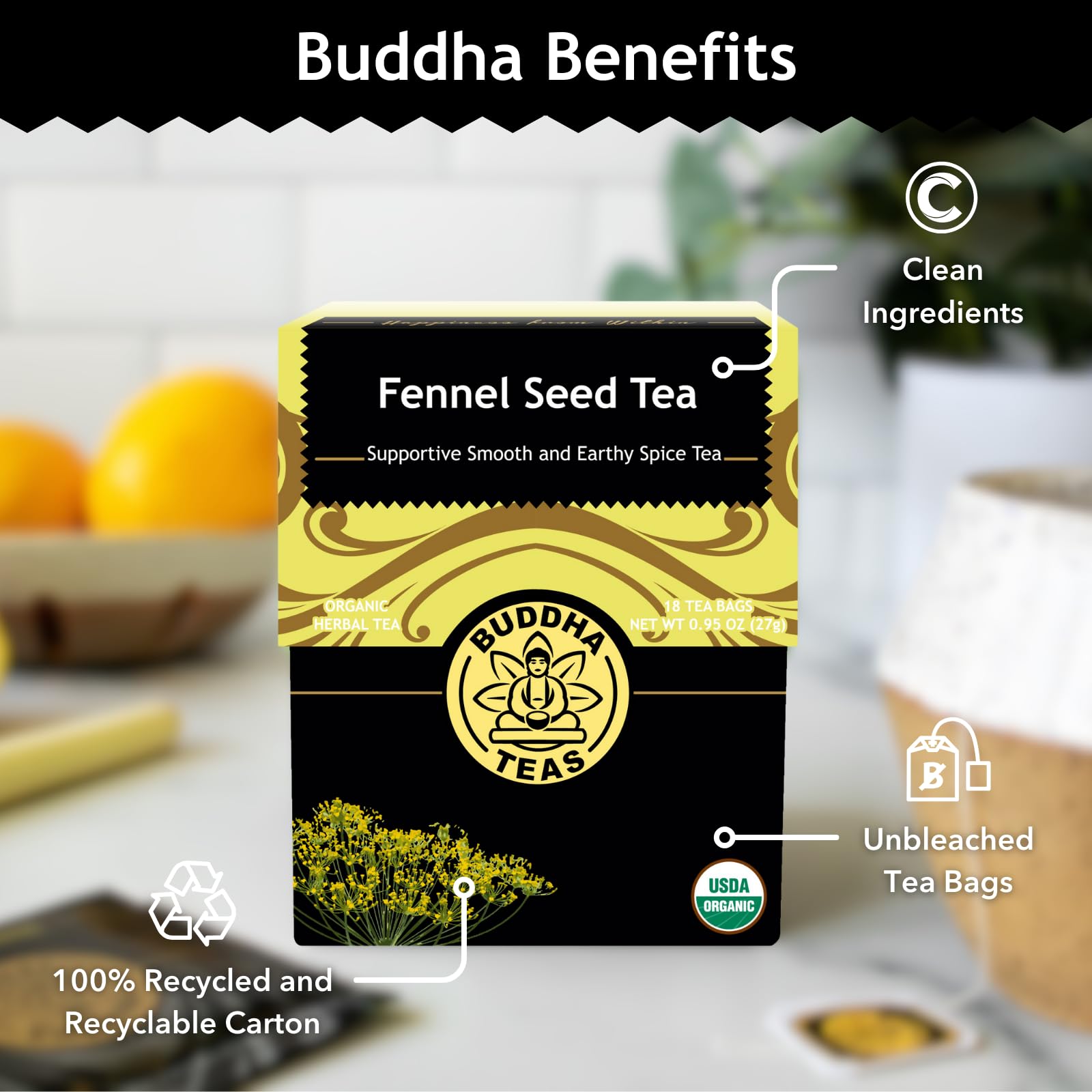 Buddha Teas - Organic Fennel Seed Tea - Herbal Tea - For Health & Digestion - USDA Certified - Clean Ingredients - OU Kosher - 18 Tea Bags (Pack of 1)