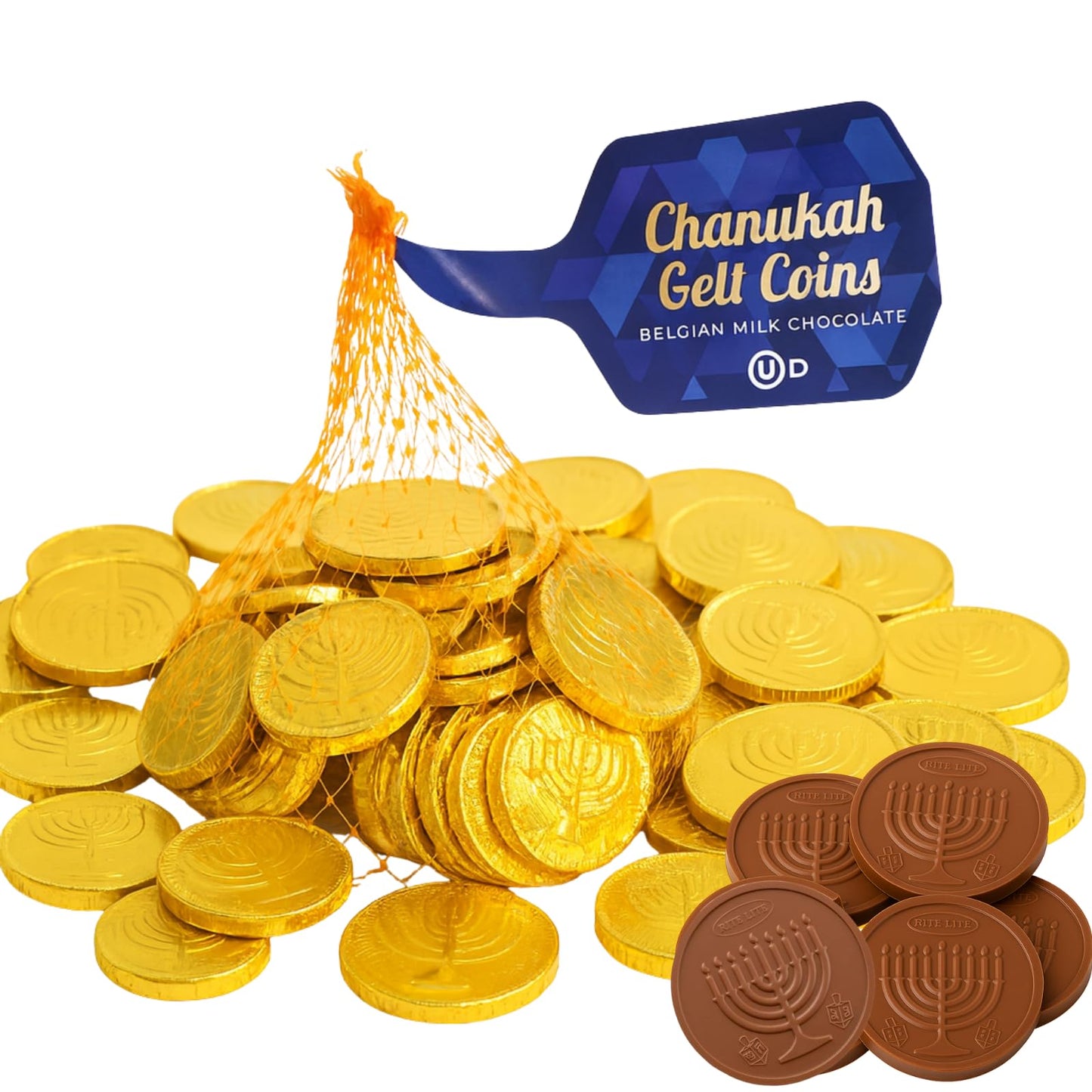 Rite Lite 50 Hanukkah Chocolate Coins, Gelt XL Bulk Mesh Bag Delicious Premium Belgian Milk Chocolate Gold Foiled Menorah OUD Kosher Certified