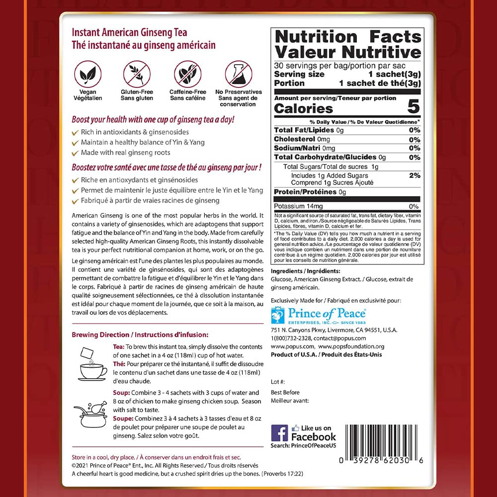 Prince of Peace Instant American Ginseng Tea, 30 Sachets - Healthy Drink, Caffeine-Free Energy-Boosting, Heavy Antioxidants, Made in the USA, Plant