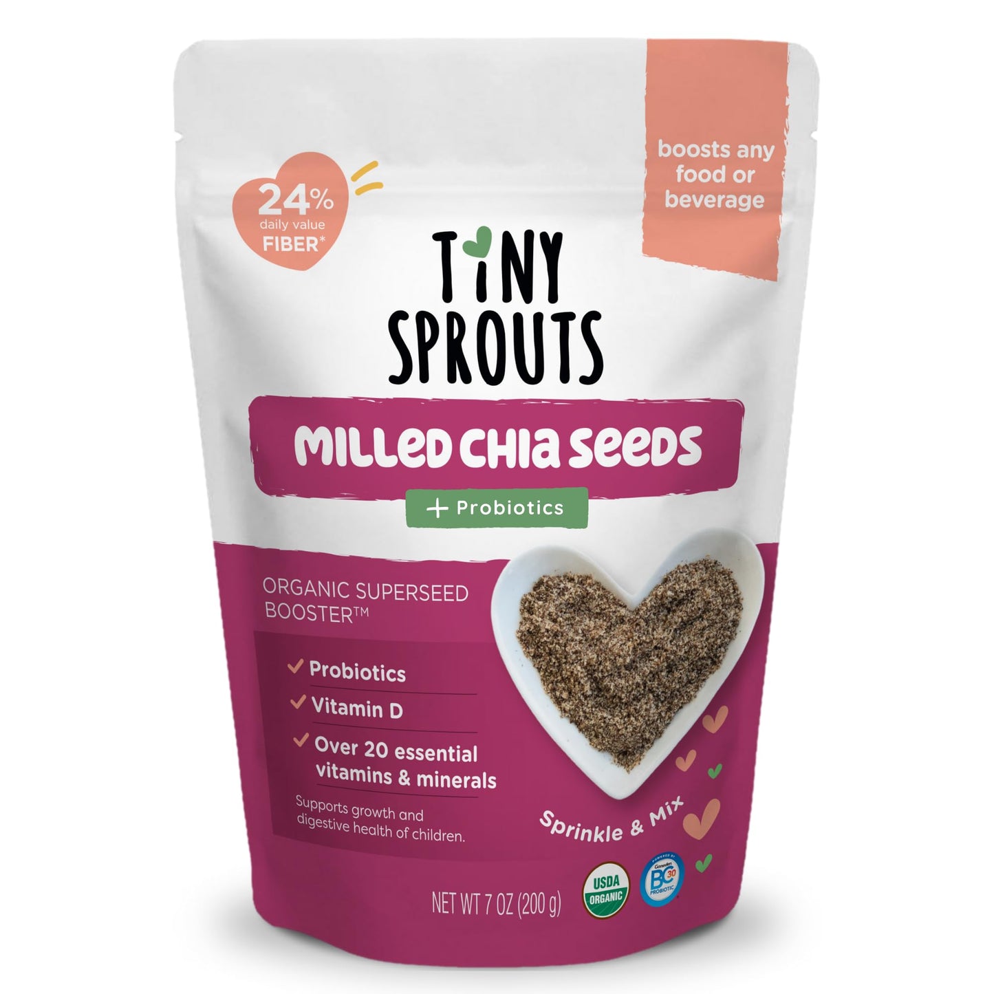 Tiny Sprouts Organic Milled Chia Seeds + Full Serving Probiotic with Vitamin D3 - Kids Superfood Nutrition Booster I Plant-Based Omega-3, Prebiotic