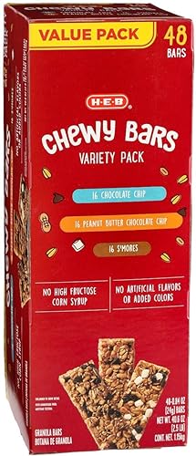 H-E-B Chewy Bars Variety Value Pack, Granola, Breakfast bars, Snacks, Smores, Chocolate chip, Smores, Peanut Butter Chocolate Chip (48 Bars)