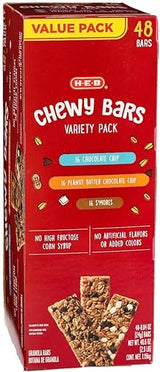 H-E-B Chewy Bars Variety Value Pack, Granola, Breakfast bars, Snacks, Smores, Chocolate chip, Smores, Peanut Butter Chocolate Chip (48 Bars)