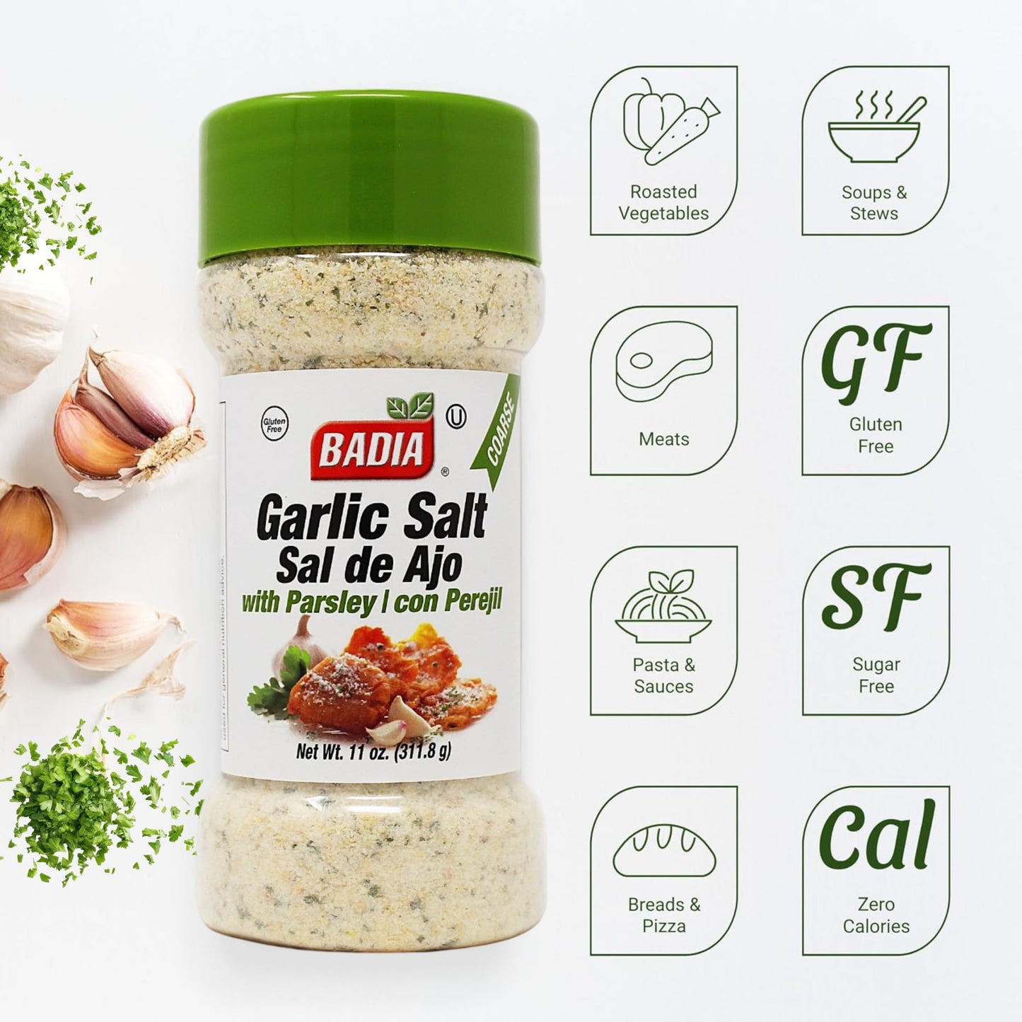 Badia Garlic Salt with Parsley 11 oz - Savory Blend with Bold Garlic Flavor, Salt & Bright Herb Finish