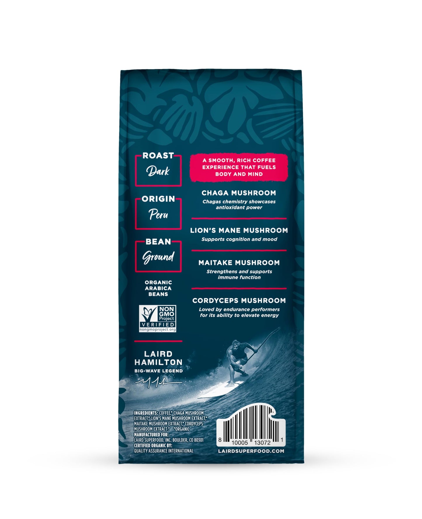 Laird Superfood Peruvian Dark Roast Coffee with Functional Mushrooms, Certified Organic Peruvian Ground Coffee Beans, Gluten-Free, Dairy-Free