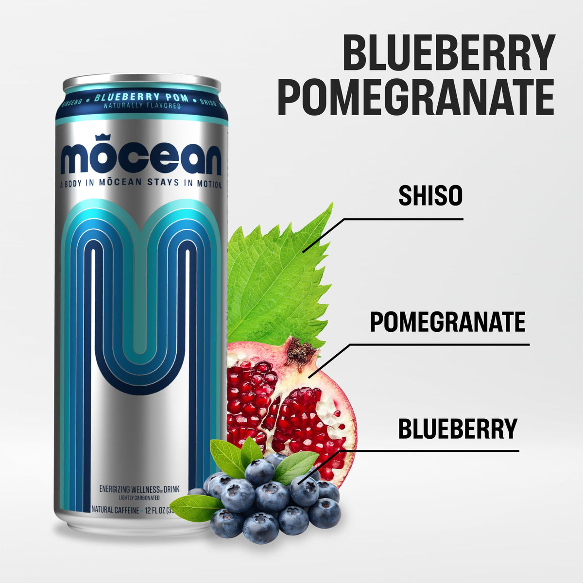 M?CEAN Blueberry Pomegranate Energy Drink, 12-Pack (12 fl oz) Clean Adult Energy Drink with 130mg Natural Caffeine, Adaptogens & Minerals, No Taurine