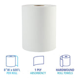 Boardwalk 6261 Hardwound Paper Towels, 1-Ply, 8" x 600ft, White, 2" Core (Case of 12 Rolls)