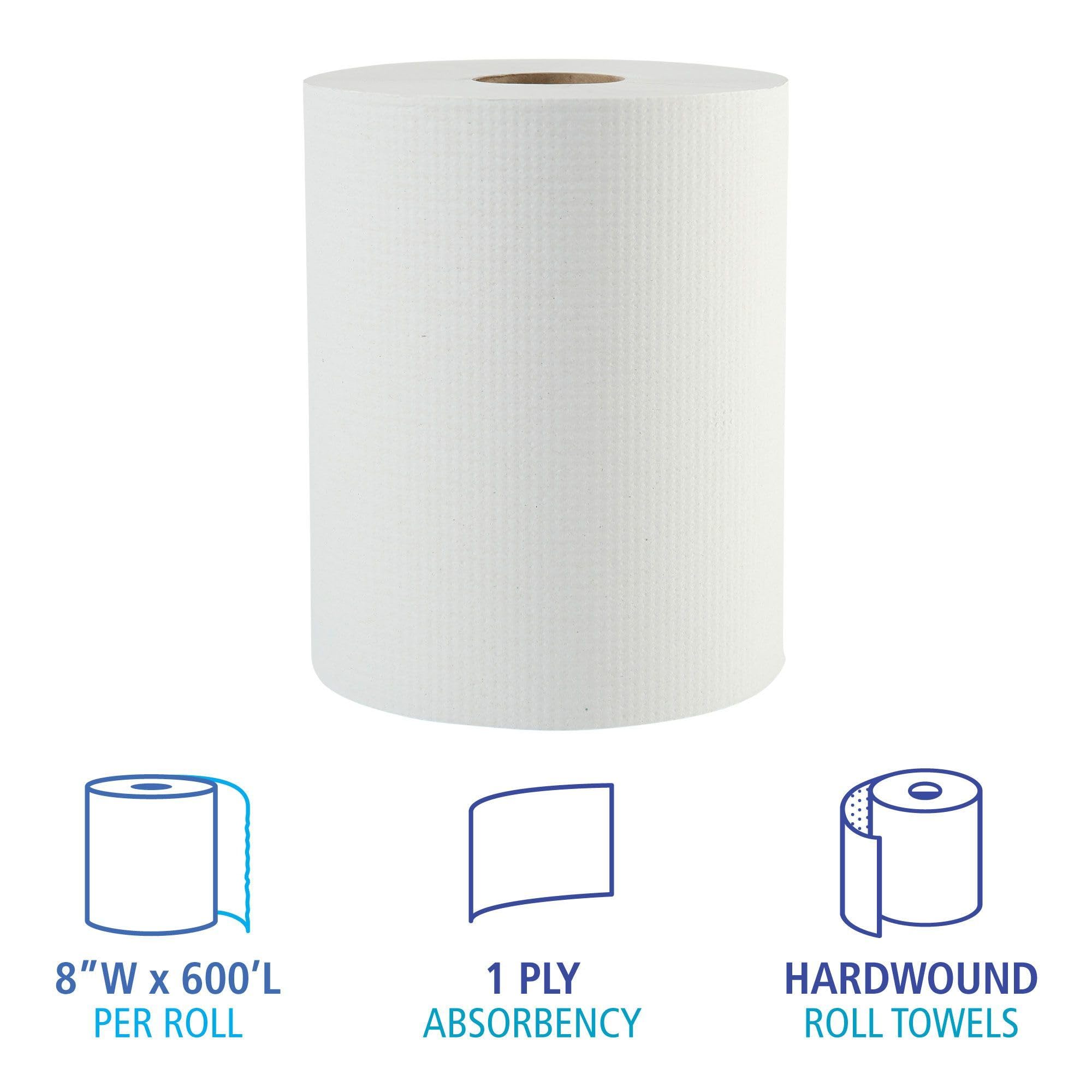 Boardwalk 6261 Hardwound Paper Towels, 1-Ply, 8" x 600ft, White, 2" Core (Case of 12 Rolls)