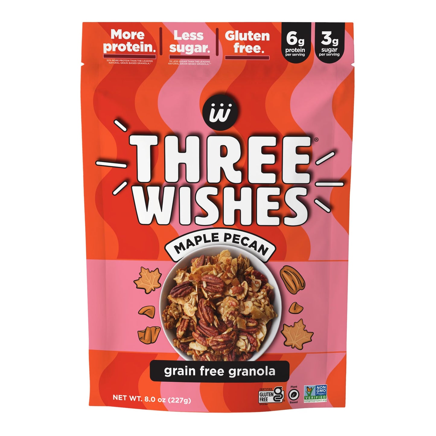 Three Wishes Granola, Maple Pecan (8-Pack) - Gluten Free Granola, 6g Protein & 3g Sugar Healthy Breakfast & On-the-Go Snack - Vegan, Kosher