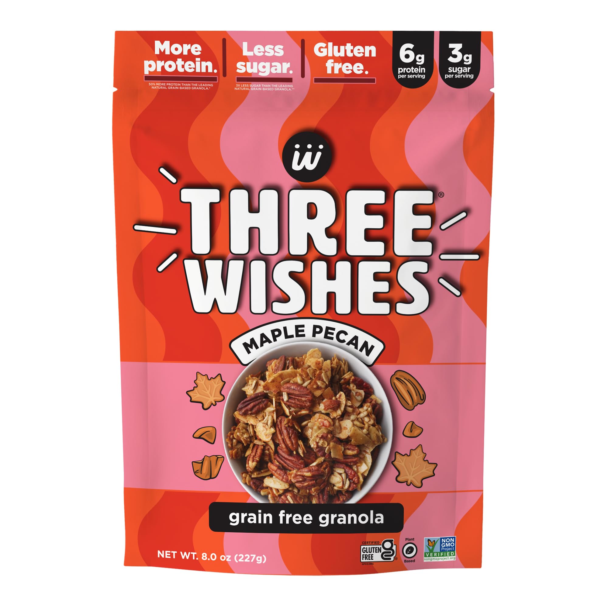 Three Wishes Granola, Maple Pecan (8-Pack) - Gluten Free Granola, 6g Protein & 3g Sugar Healthy Breakfast & On-the-Go Snack - Vegan, Kosher