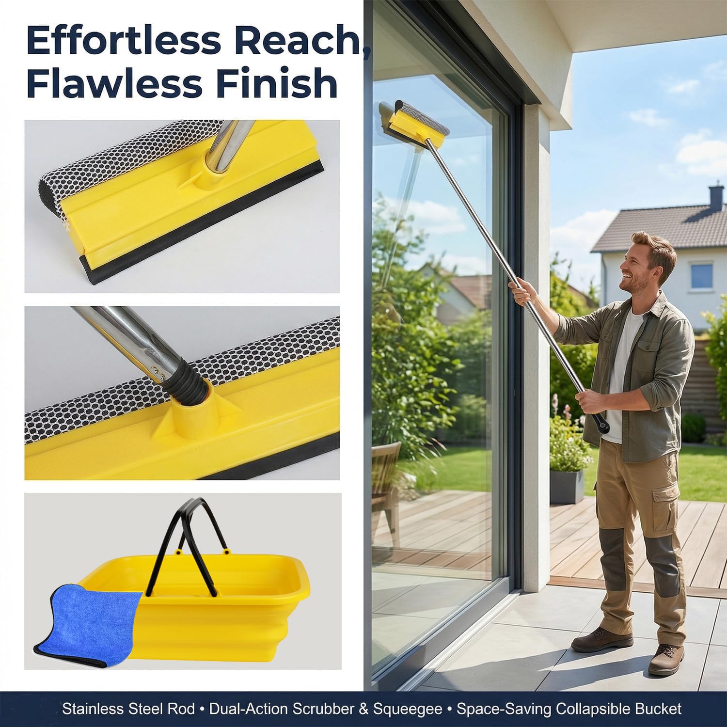 Windshield Car Squeegee and Collapsible Washing Bucket Combo Set, 2 in 1Window Squeegee with Long Handle