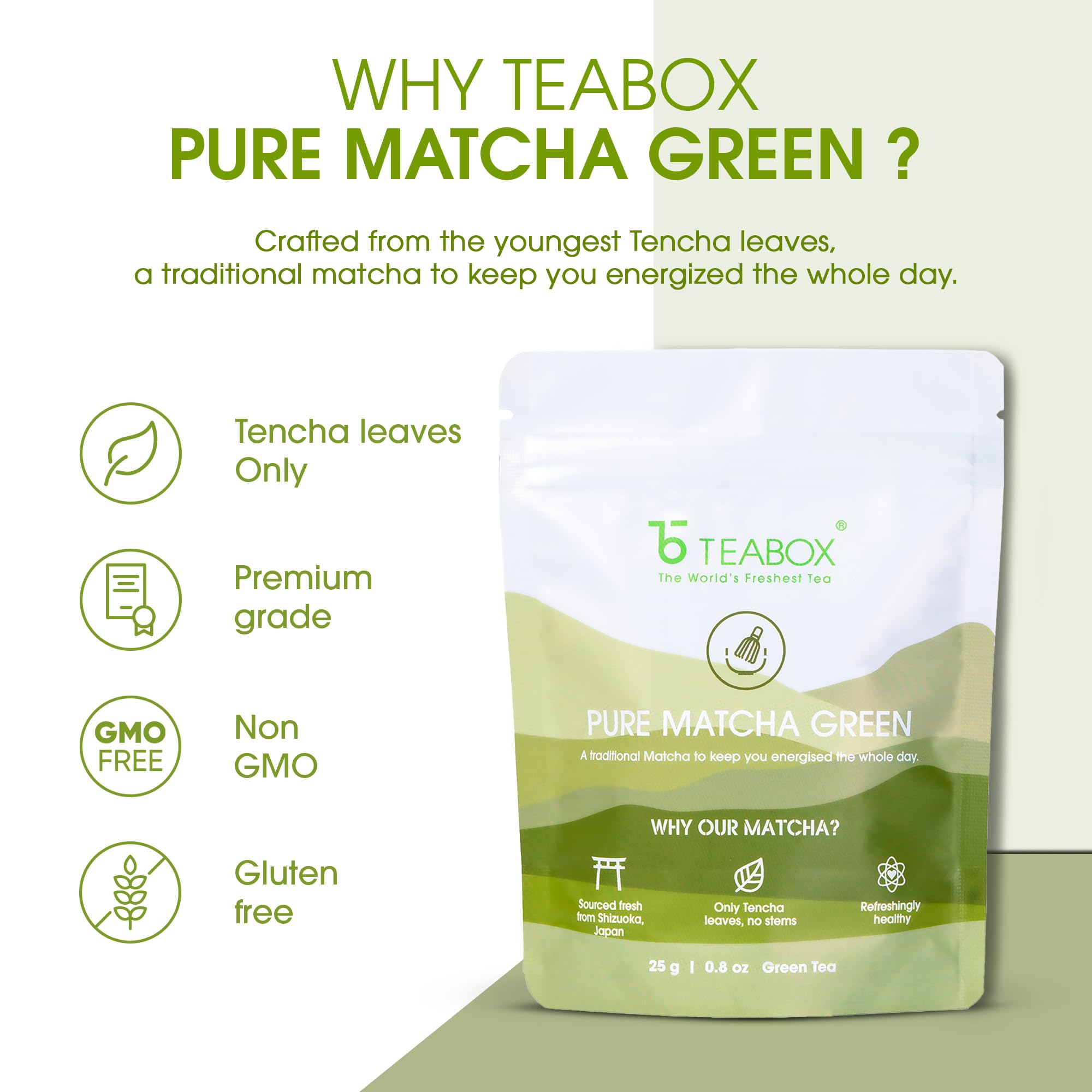 Teabox Matcha Green Tea Powder | 100% Pure & Fresh Authentic Premium Grade Matcha From The wengest Tencha Leaves | Sourced From Shizuoka, Japan | 25