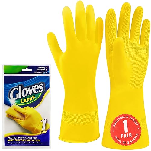 SteadMax 1 Pair Cleaning Gloves, Reusable Natural Rubber Dish Gloves, Waterproof Latex Non-Slip Dishwashing Gloves for Kitchen and Household (X-Large